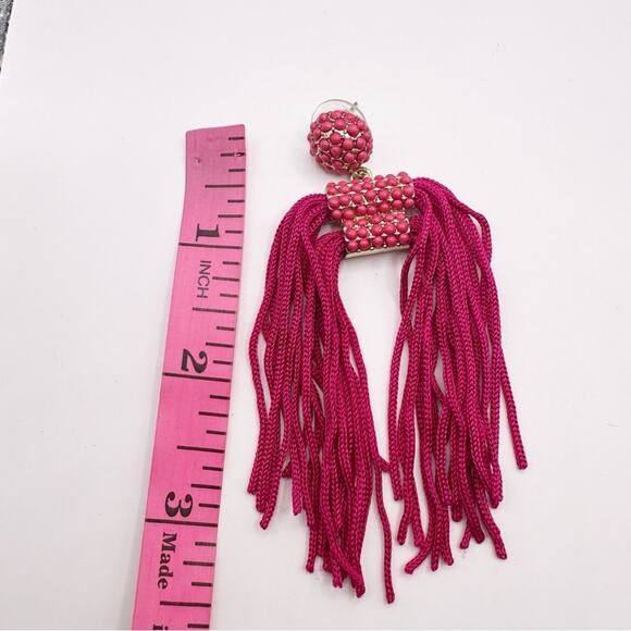 Hot Pink Fuchsia Double Tassel Earrings Drop Dangle Pierced Summer Boho Preppy - Picture 4 of 7
